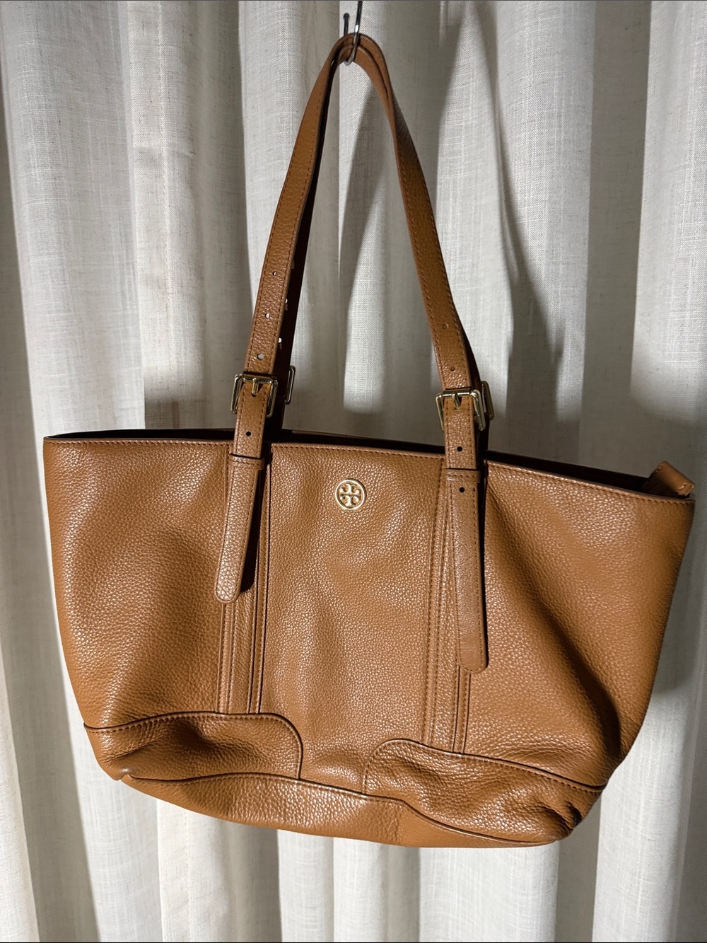 Tory Burch Cognac Pebbled Leather Buckle Strap Tote